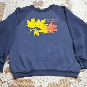 Vintage Fruit of the Loom Navy Sweatshirt with Yellow and Orange Leaf Motif